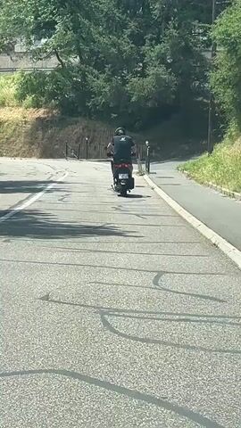 A person on a scooter rides on a paved road. The road has white lane markings and tire marks. There are trees and grassy hills on either side of the road. The person is wearing a helmet and dark clothing. The scooter is dark colored. The weather appears to be sunny.
