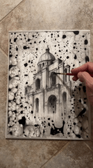 Rainy night in Oakton, pencil sketch of a domed building