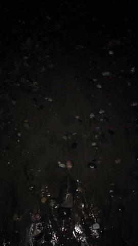 The video shows a dark, low-angle shot of a beach at night. The foreground is filled with wet sand and small pebbles.  A wave washes over the sand and pebbles, creating a shimmering effect on the wet surface as it recedes. The water is dark and foamy.