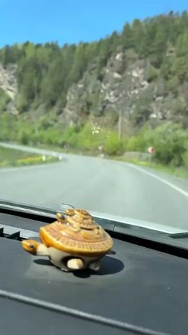 The video shows a car driving on a winding road in a mountainous area. A small ceramic turtle figurine is placed on the dashboard in the foreground. The road is asphalt and has signs indicating curves. The surrounding environment includes green trees and rock formations. The sky is clear and blue.
