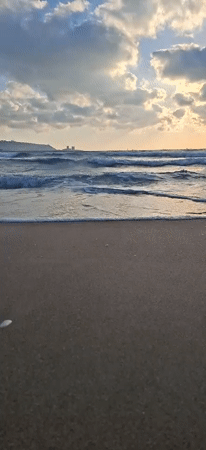 Afternoon at an urban beach with waves, sailboat, and city skyline