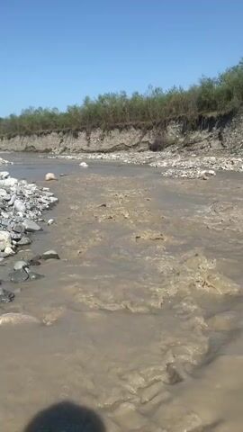 The video shows a muddy, turbulent river flowing under a clear blue sky. The riverbanks are lined with rocks and sparse vegetation on top of eroded soil. The water appears to be carrying a significant amount of sediment, causing it to have a murky brown color and a rough, churning surface. The scene suggests a natural, untamed environment.