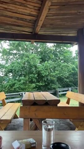 This is a video recording taken from inside a wooden gazebo or pavilion. The camera pans slowly upwards to show the rustic wooden ceiling construction, revealing exposed beams and planks. A few outdoor light fixtures are visible attached to the beams. Beyond the open sides of the gazebo, lush green trees and foliage are visible, suggesting a natural, outdoor setting. In the foreground, portions of wooden picnic tables and benches are seen, indicating this is a place for outdoor dining or gathering.

The overall scene is one of a tranquil, natural environment. The lighting suggests it is daytime, possibly overcast given the soft, diffused light. The presence of picnic tables implies an activity of resting, dining, or socializing in an outdoor leisure area. The location context "Mekića Kula, Montenegro" places the scene in a specific geographical region known for its natural beauty and potential for outdoor recreation. No people are visible in the footage. The emotional tone is peaceful and serene, inviting relaxation. There is no visible text in the media.