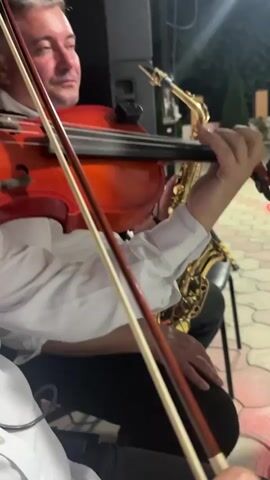A man plays a violin and a saxophone outdoors at night. He is wearing a white shirt and black pants. Another man is in the background playing a trumpet and hitting a drum. The ground is paved with decorative stones. There are trees and some lights visible.