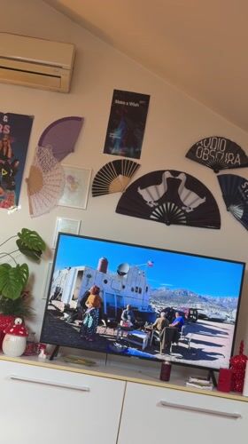Interior scenes captured in Podgorica showing TV footage, decorative fans