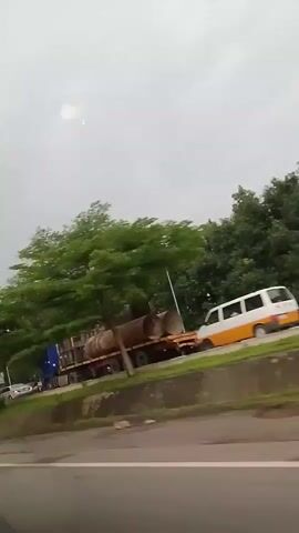The video captures a view from a moving vehicle, likely on a highway. The sky appears overcast. On the right side of the road, a dense line of trees forms a backdrop. In the middle ground, a flatbed truck is visible, carrying what appears to be large, cylindrical objects, possibly logs. A blue truck tractor is attached to the trailer. Several other vehicles, including cars and a white van, are also seen along the roadside, suggesting traffic. The camera angle is somewhat tilted, and the image quality is slightly blurry, indicating movement. The overall scene depicts a typical roadside environment with commercial transport and other vehicles.