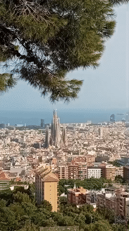 Panoramic views across Barcelona with Sagrada Família in the distance