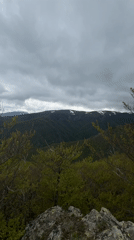 Hikers traverse forested mountains near Tazha, Bulgaria on cloudy morning