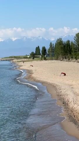 A wide shot shows a sandy beach with gentle waves lapping the shore. In the distance, snow-capped mountains rise against a clear blue sky with scattered white clouds. Several people are visible on the beach. One person is standing near the water's edge on the left side of the frame, appearing to walk. Further up the beach, two individuals are in a prone position, seemingly exercising or stretching. Another person is visible in the distance, also in a bent-over posture. Beach chairs are set up on the sand in the upper right portion of the image, and trees line the back of the beach. The scene suggests a serene outdoor setting with recreational activities taking place.
