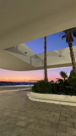 The video pans to the right showing a paved walkway with a large, white, overhanging structure. Two palm trees are visible on the right side of the walkway, with lush green plants surrounding their base. In the background, a vibrant sunset paints the sky in shades of orange, pink, and purple. Further in the distance, a large white ship with yellow and red accents is docked. The ship has blue writing on its side that reads "FRED. OLSEN". The sky transitions from the sunset colors to a deep blue as the view moves towards the right. The environment appears to be a port or a marina. No people are visible in the video.