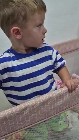 A young boy in a blue and white striped shirt stands in a pink and white patterned playpen. He is looking to the left of the frame and then turns to face the camera. He is holding onto the side of the playpen with his right hand. There are some stuffed animals visible inside the playpen. The wall behind him is white. The video is about 4 seconds long.