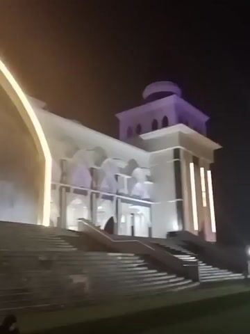 The video shows the exterior of a large building at night. The building has a dome and is illuminated by white and purple lights. There are stairs leading up to the entrance. A few people are visible on the stairs and in front of the building. The camera is moving, and the image is somewhat blurry. The overall impression is of a grand, illuminated structure at night.