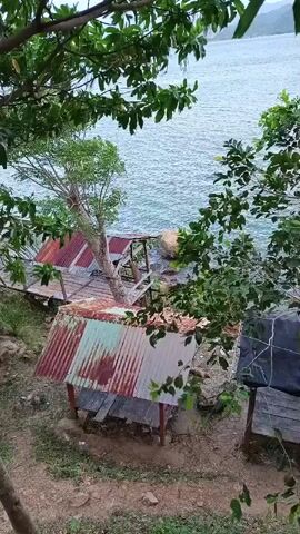 The video shows an outdoor scene overlooking a body of water. In the foreground, there are trees with green leaves that partially obscure the view. Below the trees are several small structures with corrugated metal roofs, some of which appear weathered and rusted. These structures are situated on a dirt and grassy area. In the background, a large body of water, possibly a lake or ocean, is visible with ripples on its surface, suggesting wind or rain. The sky appears overcast. The overall impression is of a simple, somewhat rustic setting near a body of water, possibly during inclement weather. There are no people or visible animals in the video.