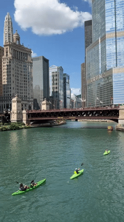 Chicago River kayaking and downtown streets on a sunny afternoon