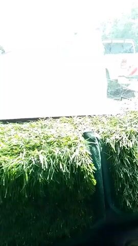 The video shows a view through the windshield of a vehicle traveling on a paved road. In the distance, a white pickup truck drives ahead in the same direction. Two people are walking on the side of the road. The weather appears sunny, and trees line the side of the road. A green object, possibly a decorative item, is visible at the bottom of the windshield.