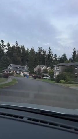 The video shows a residential street lined with houses and trees. The sky is overcast. A car is parked in a driveway in front of one of the houses. There is a blue trash bin on the side of the road near the driveway. Another car is parked further down the street. The camera is positioned inside a vehicle, likely as it is driving down the street. The perspective suggests the video was captured from the driver's seat.
