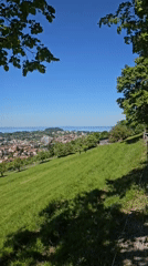 Panoramic town and water view captured from elevated hill