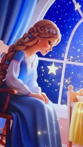 A young woman with blonde braided hair adorned with flowers sits in a rocking chair and looks out a window at a starry night sky. The window has a large star in the center. She wears a blue dress with white sleeves and pink trim. Her hands are clasped in her lap, and she is looking down and smiling. In the foreground, a crib with a yellow blanket is visible. The video is shot from a slightly elevated angle, focusing on the woman's face and upper body.