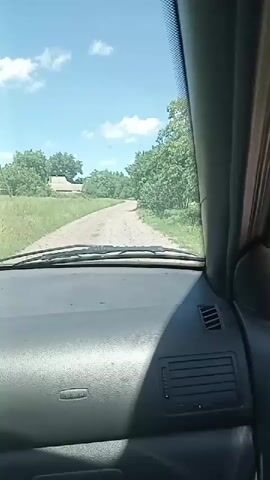 The video shows a view from the interior of a car as it drives on a dirt road. The road curves to the left and is flanked by trees and grass. In the distance, there are a few houses. The sky is blue with some white clouds. There is no visible driver or passengers. The car's dashboard is partially visible in the foreground. The overall impression is one of a rural setting on a sunny day.