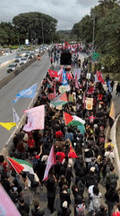 Protesters march through São Paulo carrying Palestinian flags