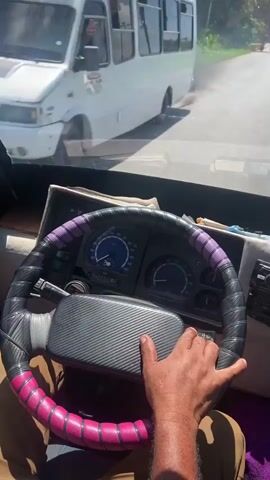A first-person perspective video shows the interior of a vehicle, focusing on the driver holding the steering wheel and the view through the windshield. The steering wheel has a black and gray carbon-fiber patterned center, with black leather grips accented by strips of pink and purple. The dashboard is visible, displaying gauges with blue accents. Outside the windshield, a paved road stretches ahead, flanked by lush green vegetation. A red car passes in the opposite direction. The scene appears to be recorded during daytime.