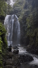Hikers pause at forest waterfall during early morning trek