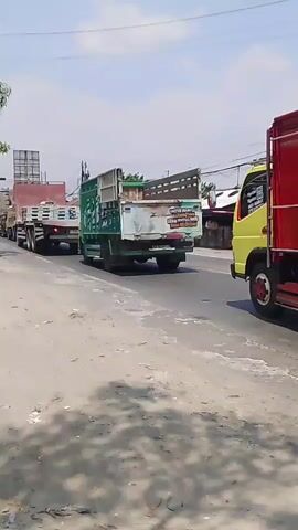 The video shows a traffic jam with multiple trucks lined up on a paved road. The trucks are of various colors, including red, green, and yellow. The road appears to be dusty and there is vegetation on the left side of the frame. The sky is visible and appears to be clear. The video is shot from a low angle, looking forward along the line of trucks.