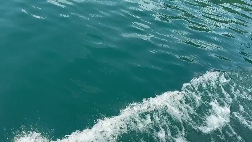 The video shows a view from a boat moving on a body of water. The water is a deep turquoise color and has ripples and small waves on its surface, with some white foam visible near the boat. The background features a lush green shoreline with trees and vegetation, and in the distance, hills and mountains can be seen under a partly cloudy blue sky. There are a few small boats visible on the water in the distance, and some buildings on the shoreline. The camera appears to be moving forward, indicating the boat is in motion. There are no people clearly visible in the frame.