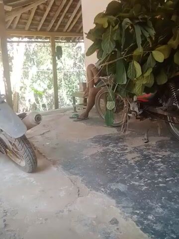 A person is sitting on a motorcycle, which is loaded with a large pile of green leaves. The motorcycle is parked next to a building with wooden support posts and a corrugated roof. The ground is concrete and appears cracked and worn. There is another motorcycle in the foreground, only its rear tire and exhaust are visible. The background shows lush greenery and trees. The lighting suggests it is daytime. The person is wearing a black t-shirt and shorts and appears to be resting.