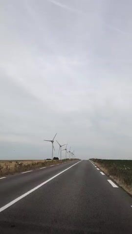 The video shows a long, empty asphalt road stretching into the distance. The road has a white line down the center and white dashed lines on the right side, indicating it's a two-lane road. On the left side of the road, there is a field with dry, yellow grass or crops. On the right side, there is a green field. In the distance, a row of wind turbines stands against a cloudy, overcast sky. The wind turbines are spaced out evenly along the horizon. The camera appears to be moving forward, as if someone is filming from a vehicle driving down the road. There are no people or other vehicles visible in the scene. The overall atmosphere is one of isolation and vastness, with the wind turbines suggesting a rural or agricultural landscape.