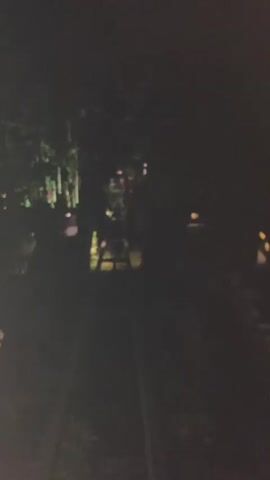 The video shows a dark, nighttime scene with artificial lighting illuminating a path or walkway. The camera appears to be moving, possibly on a track or through a vehicle, as evidenced by the motion blur and changing perspective. The path is lined with vegetation, and some structures or buildings are visible in the background. The lighting creates a somewhat ethereal or mysterious atmosphere. The video captures the essence of a dimly lit outdoor environment at night, possibly a garden, park, or resort.