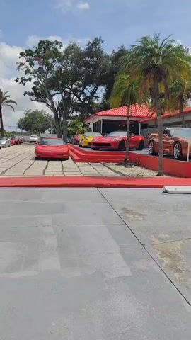 THE VIDEO SHOWS SEVERAL CORVETTE SPORTS CARS PARKED ON A RED DISPLAY PLATFORM OUTSIDE A BUILDING WITH A RED ROOF. THE CARS ARE VARIOUS COLORS, INCLUDING RED, YELLOW, AND ORANGE. THERE ARE PALM TREES AND OTHER VEGETATION AROUND THE BUILDING. THE GROUND IN THE FOREGROUND IS CONCRETE. THE VIDEO APPEARS TO BE TAKEN DURING THE DAYTIME, WITH A CLEAR BLUE SKY AND SOME CLOUDS.