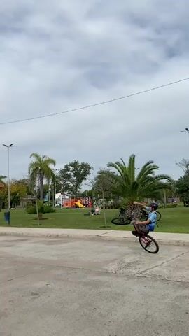 The video depicts a person riding a bicycle in a paved area next to a park. The person is doing a wheelie, with the front wheel raised in the air as they pedal forward. The park has trees, grass, benches, and light posts. In the background, there is a building that appears to be part of an industrial complex with cranes. The sky is overcast. The video is taken from a stationary position.