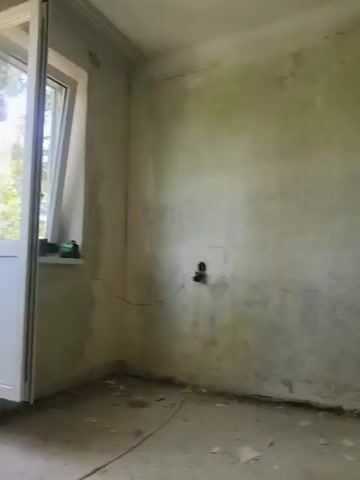 The video pans across an unfinished room. The walls are bare concrete, with some sections appearing to be primed or partially plastered. There are visible stains and some peeling material on the walls, suggesting a renovation or construction site. Various tools and equipment are scattered around the floor, including a red toolbox, a vacuum cleaner, an angle grinder, and what appears to be a spray bottle. Some debris, such as plaster fragments and wires, is also present on the floor. The ceiling has crown molding, which appears to be intact. There are no people visible in the video. The lighting suggests it is daytime, with light entering from an unseen window.