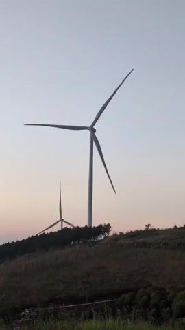 The video shows two wind turbines against a dusky sky. The turbines are on a grassy hillside dotted with shrubs and small trees. The foreground shows some tall grass. The camera pans upward and right, following one of the turbine blades as it rotates. A dirt path is visible to the right of the frame.