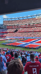 Giant Danish-style flag unfurled on packed Foxborough stadium field