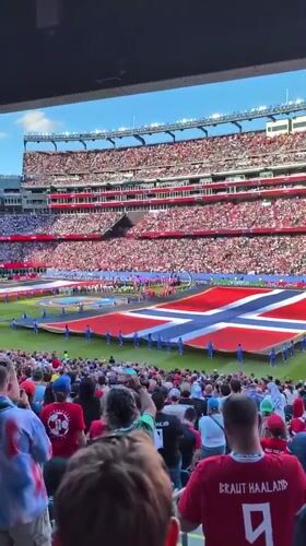 Giant Danish-style flag unfurled on packed Foxborough stadium field