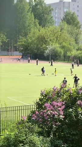 The video shows a soccer field with a group of people playing soccer. The field is green and surrounded by trees and a building. A lilac bush stands in the foreground. The people on the field are of various ages, dressed in casual clothes, and are actively engaged in playing soccer, moving around the field and interacting with the ball.