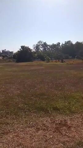 The camera pans across an open grassy area, revealing a blue gazebo with a red roof. In the background, a multi-story building is visible. Several people are walking in the distance. The grass appears dry and patchy in some areas. A concrete slab with a metal ring lies in the foreground. There is an open pit with yellow barriers. The sky is clear and blue.