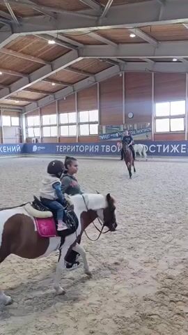 The video shows an indoor horse riding arena with sandy ground. In the foreground, a young child wearing a helmet and riding gear sits on a small brown and white pony. The pony is moving forward. In the background, an adult is riding a brown horse and appears to be guiding the pony. There are also some white jump standards with poles. The arena has a wooden ceiling with exposed beams and skylights. There are also banners on the far wall with text in Russian. The overall environment suggests a horse riding lesson or training session.