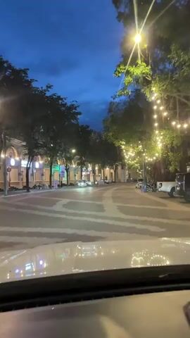 The video opens from the perspective of a person inside a vehicle, looking out at a street scene at dusk. The sky is a deep blue with some clouds. Trees line the street, and string lights are visible in the trees on the right side of the road, casting a warm glow. Buildings with architectural details are visible on the left side of the street. The road has a distinctive pattern of white markings. Several vehicles, including cars and what appear to be tuk-tuks or motorbikes, are present on the street, and a few people are visible sitting or walking near the buildings. The vehicle the camera is in appears to be moving slowly forward.