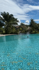 Swimmers captured at Chalong resort pool during sunny afternoon