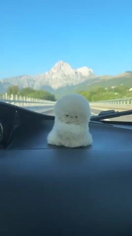 A fluffy white stuffed animal sits on a car's dashboard, facing forward. The background shows a highway with trees and a large, snow-capped mountain under a clear blue sky. The camera is positioned from inside the car, looking out the windshield.