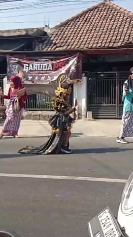 The video shows a street scene with several people. In the foreground, the rear of a car is visible with a license plate that reads "S 254 OV". In the midground, a person in an elaborate black and gold costume with a long train is walking from left to right across the street. To the left of this person, a woman wearing a red hijab and a patterned skirt is walking away from the camera. Further left, another person in a red hijab and patterned skirt is also visible. In the background, a banner reading "GARUDA PS" is hanging from a building. The building has a tiled roof and metal fencing. To the right of the main figure, another person in a pink dress and red hijab is visible, and beyond them, another person in a blue garment and a patterned skirt is walking towards the right of the frame. A motorcycle is parked on the right side of the street. The scene appears to be a procession or event taking place during daylight.