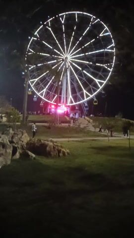 The video shows a Ferris wheel at night in an outdoor setting, possibly a park or amusement park. The Ferris wheel is illuminated with white lights and has a few gondolas visible. There are people walking around on the ground near the base of the wheel, and red stage lights are visible near the loading area. The foreground consists of a grassy area with a few rocks. Trees frame the view on both sides. The video appears to have been taken from a stationary position.