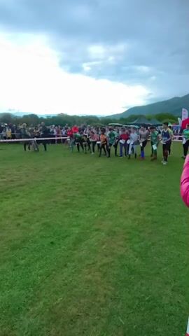 A group of people run across a grassy field, away from a crowd gathered behind a rope. They are competing in an event, possibly orienteering. Many of them hold papers, presumably maps, in their hands as they run. The sky is overcast, and in the distance, hills and mountains are visible. Flags marking the event are visible.