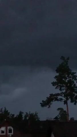 A very dark, overcast sky with clouds moving ominously. A tall, slender pine tree stands to the right of the frame, its branches silhouetted against the dark sky. In the lower left corner, the roof of a building and a portion of its facade are visible, including two windows. The scene appears to be during twilight or a storm.