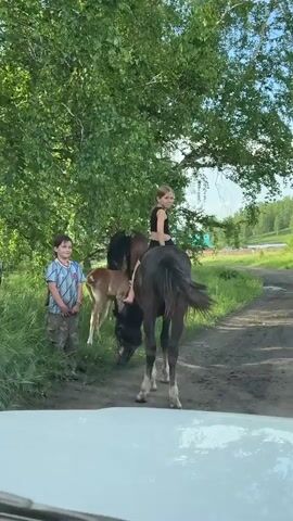 A young girl is sitting bareback on a dark horse on a dirt road in what appears to be a rural or semi-rural setting. She is wearing a black crop top and black shorts, and is smiling and looking back towards the camera. A young boy stands to the left of the horse, also looking towards the camera, wearing a blue and white striped t-shirt and camouflage shorts. Behind the dark horse, a light brown horse and a young foal are visible. The foal appears to be wearing light pink boots on its front hooves. Lush green trees and grass line the road, indicating a warm, sunny day. The video is filmed from inside a white vehicle, with the dashboard partially visible in the foreground. The location is Nizhniy Atlyan, Russia.