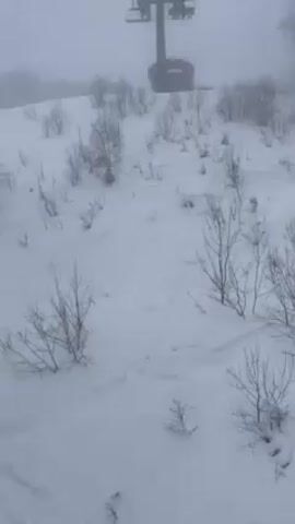A snowy, foggy scene shows a ski lift extending into the mist. Small, bare trees dot the snow-covered hillside. The ski lift chairs are visible but indistinct in the fog, with some appearing to have occupants. There is no visible action, and the scene appears still.