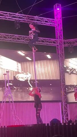 This video captures a performance on a stage. A person dressed in a black outfit with gold embellishments is performing an aerial act on a tall pole. They are positioned near the top of the pole, suspended by their legs. Below them, another person dressed in black is holding the base of the pole. In the background, a large screen displays an image of a woman with blonde hair and dramatic makeup, and behind that, a metal truss structure with lights is visible. The stage is lit with pink and purple lights, and there are floral decorations on the right side of the frame.